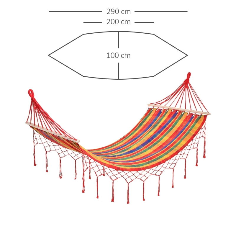 Outsunny 290 x 100cm Cotton Hammock Hanging Hammock Bed Outdoor & Indoor w/ Fringed Macrame, 150kg Load Capacity, Rainbow Stripe