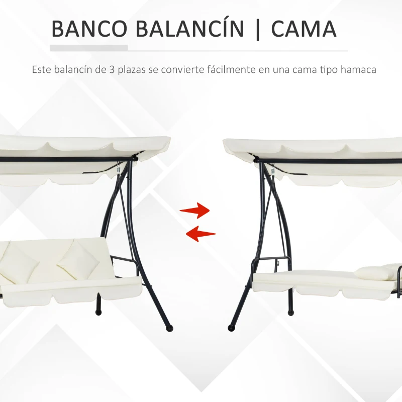 Outsunny Columpio Balancín Jardín de 3 Plazas Convertible en Cama con Techo Ajustable Cojín Acolchado y Almohadas para Balcón Terraza Carga 340 kg Acero 200x125x170 cm Crema