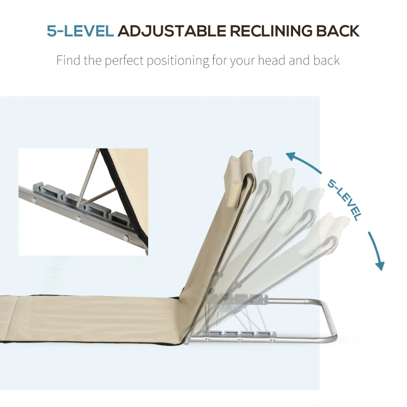 Outsunny Set of 2 Foldable Garden Beach Chair Mat - Lightweight Outdoor Sun Lounger Seats with Adjustable Back, Metal Frame, PE Fabric, Head Pillow, and Carry Bag, Beige