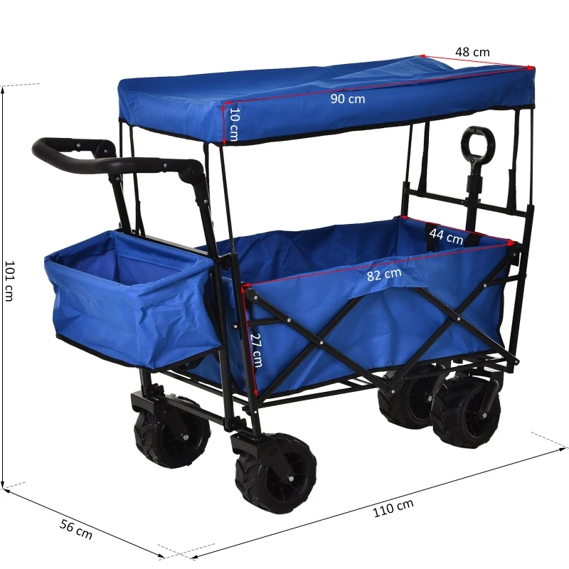 DURHAND Folding Trolley Cart Storage Wagon Beach Trailer 4 Wheels with Handle Overhead Canopy Cart Push Pull For Shopping Camping Garden - Blue