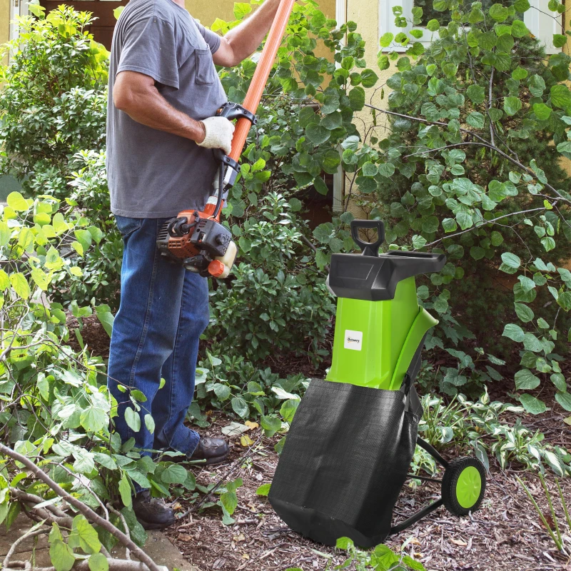 Outsunny 2500W Electric Garden Shredder Wood Chipper Lightweight & Compact Branch Shredder w/ 50L Collecting Bag, Overload Protection, Max 40mm Cutting Capacity, and Two Wheels