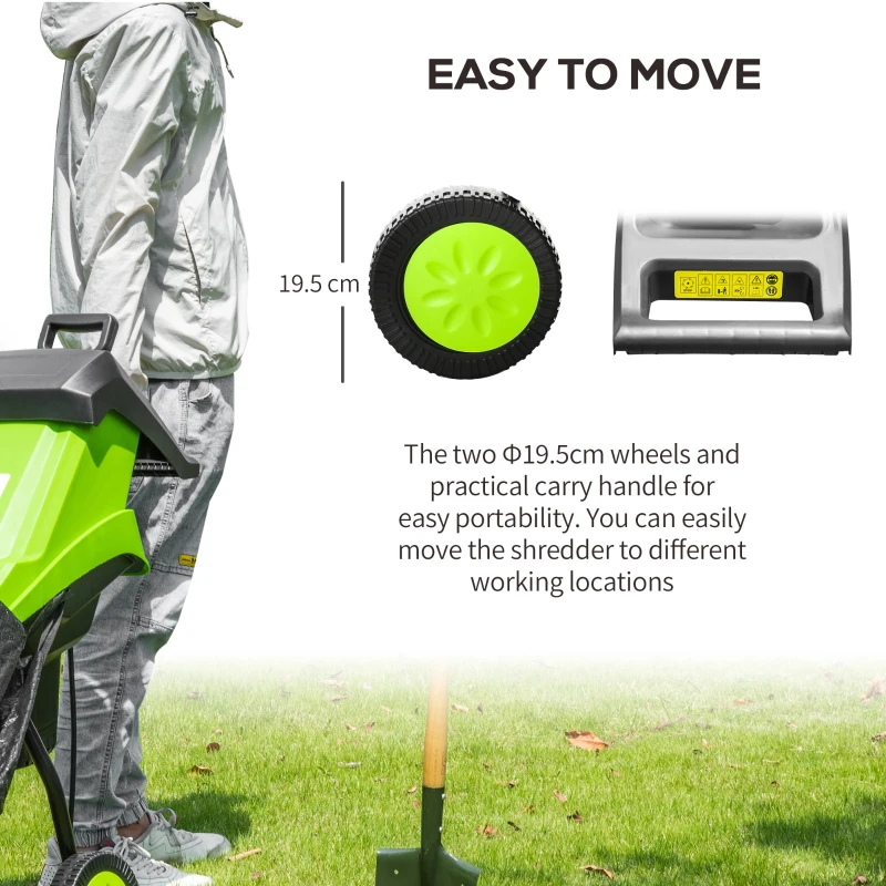 Outsunny 2500W Electric Garden Shredder Wood Chipper Lightweight & Compact Branch Shredder w/ 50L Collecting Bag, Overload Protection, Max 40mm Cutting Capacity, and Two Wheels
