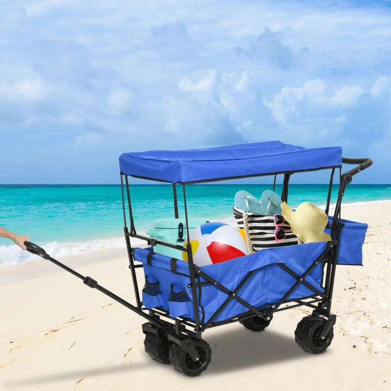 DURHAND Folding Trolley Cart Storage Wagon Beach Trailer 4 Wheels with Handle Overhead Canopy Cart Push Pull For Shopping Camping Garden - Blue