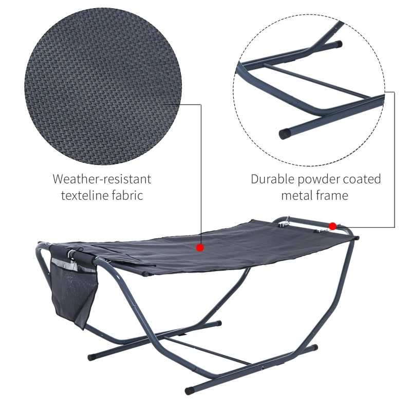 Outsunny Free Standing Texteline Hammock Bed Patio Garden Sun Lounger with Stand & Pillow - Grey