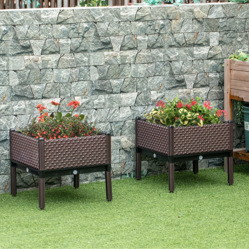 Outsunny 50cm x 50cm x 46.5cm Set of 2 41L Garden Raised Bed, Elevated Planter Box, Flower Vegetables Planting Container with Self-Watering Design and Drainage Holes