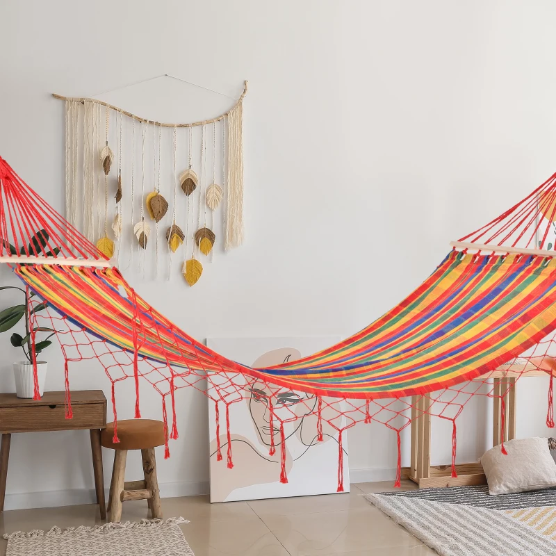 Outsunny 290 x 100cm Cotton Hammock Hanging Hammock Bed Outdoor & Indoor w/ Fringed Macrame, 150kg Load Capacity, Rainbow Stripe