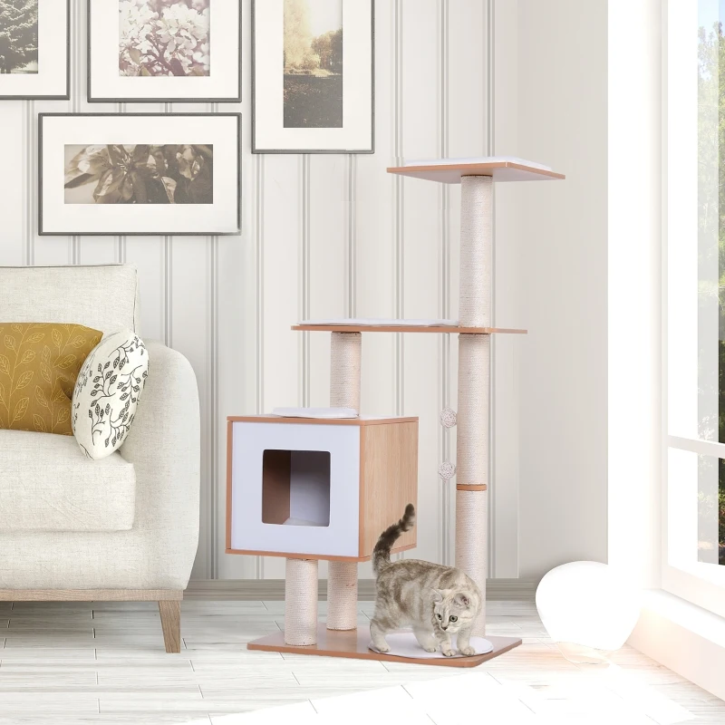 PawHut Árvore Arranhadora para Gatos de Madeira 71,5x49,5x120cm Torre para Gatos com Caverna Plataformas Postes Arranhadores de Sisal Almofadas de Pelúcia Suave e Bolas Suspensas Natural