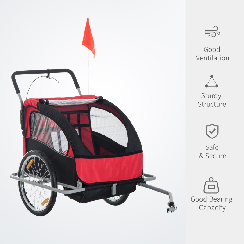 HOMCOM 2 in 1 Collapsible Bike Trailer 2-Seater for Baby Bicycle with Pivot Wheel Suitable for 18 Month + Child(Black and Red)