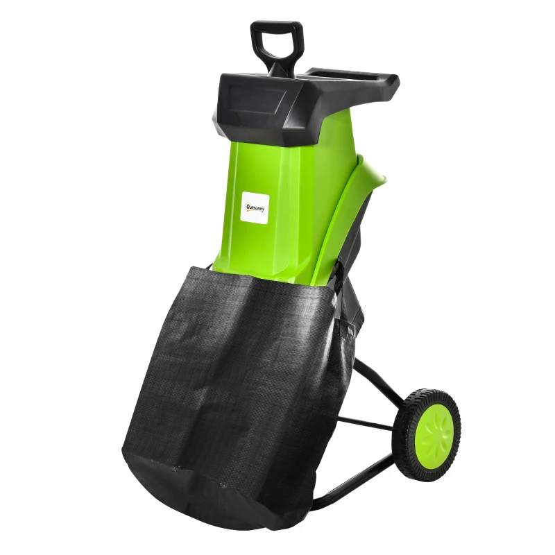 Outsunny 2500W Electric Garden Shredder Wood Chipper Lightweight & Compact Branch Shredder w/ 50L Collecting Bag, Overload Protection, Max 40mm Cutting Capacity, and Two Wheels