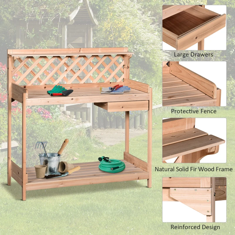 Outsunny Fir Wood Outdoor Garden Table w/ Drawer Potting Bench with Bottom Shelf Hooks Trellis for Garage Greenhouse
