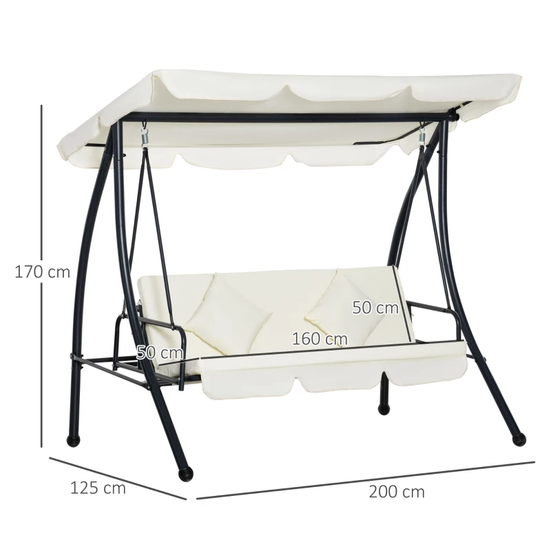 Outsunny Columpio Balancín Jardín de 3 Plazas Convertible en Cama con Techo Ajustable Cojín Acolchado y Almohadas para Balcón Terraza Carga 340 kg Acero 200x125x170 cm Crema
