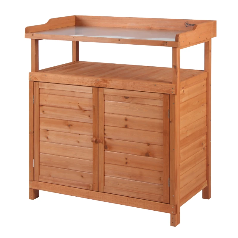 Outsunny Multi-function Potting Bench Table w/ Storage Cabinet and Galvanized Table Top, Wooden Planting Workstation, 98cm x 47cm x 105cm