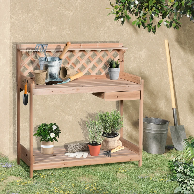 Outsunny Fir Wood Outdoor Garden Table w/ Drawer Potting Bench with Bottom Shelf Hooks Trellis for Garage Greenhouse