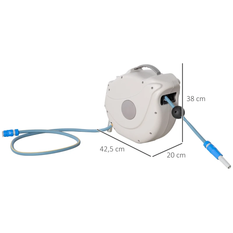 Outsunny Carrete de Manguera de Jardín 15,1M+1,5M Manguera de Riego con 10 Modos de Pulverización Montado en Pared Enrollador Automático 180° Giratorio 42,5x20x38 cm Gris