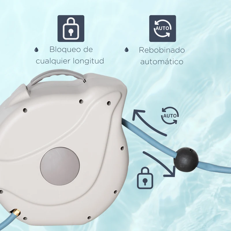 Outsunny Carrete de Manguera de Jardín 15,1M+1,5M Manguera de Riego con 10 Modos de Pulverización Montado en Pared Enrollador Automático 180° Giratorio 42,5x20x38 cm Gris