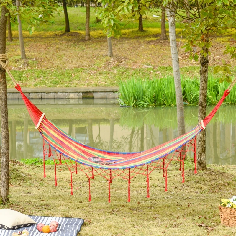 Outsunny 290 x 100cm Cotton Hammock Hanging Hammock Bed Outdoor & Indoor w/ Fringed Macrame, 150kg Load Capacity, Rainbow Stripe