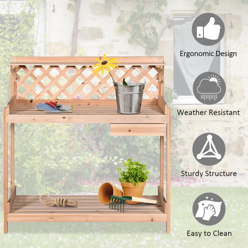 Outsunny Fir Wood Outdoor Garden Table w/ Drawer Potting Bench with Bottom Shelf Hooks Trellis for Garage Greenhouse