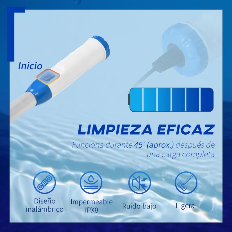 Outsunny Limpiafondos para Piscina Manual Aspirador de Piscina Eléctrico Autonomía 45 Minutos con Poste Telescópico 150-210 cm Cepillo y 2 Ruedas para Estanques 210x17x7 cm Plata