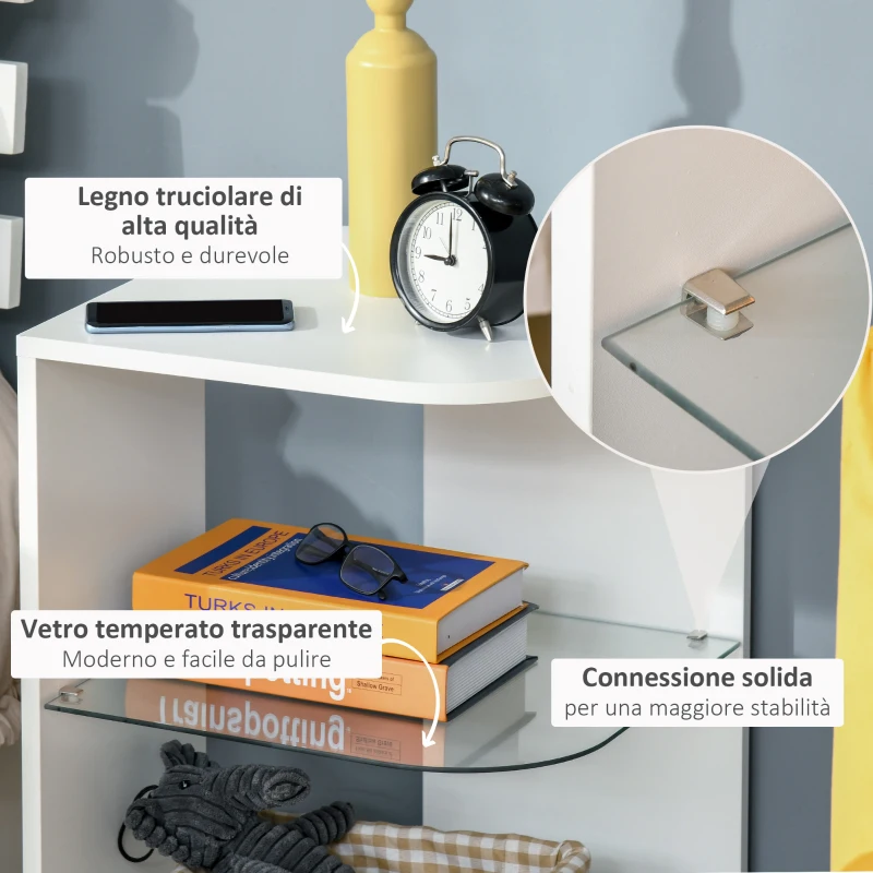 HOMCOM Comodino Moderno a 3 Livelli con Ripiano Regolabile, in Truciolato e Vetro Temperato, 40x40x56 cm, Bianco