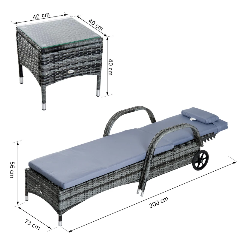 Outsunny Set 2 Lettini Sdraio e 1 Tavolino da Giardino con Materassini Imbottiti e Ruote, in Polyrattan, Grigio