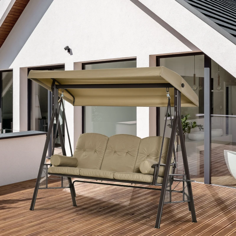 Outsunny 3-osobowa huśtawka z daszkiem przeciwsłonecznym poduszka metal, kolor: khaki
