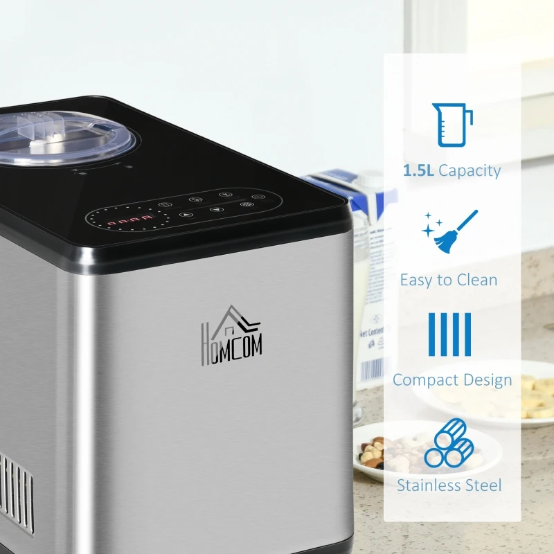 HOMCOM Ice Cream Maker Machine, 1.5L Stainless Steel Gelato, Sorbet, Milkshake, Frozen Yoghurt Maker with Detachable Mixing Paddle, Make Ice Cream in 40 Minutes