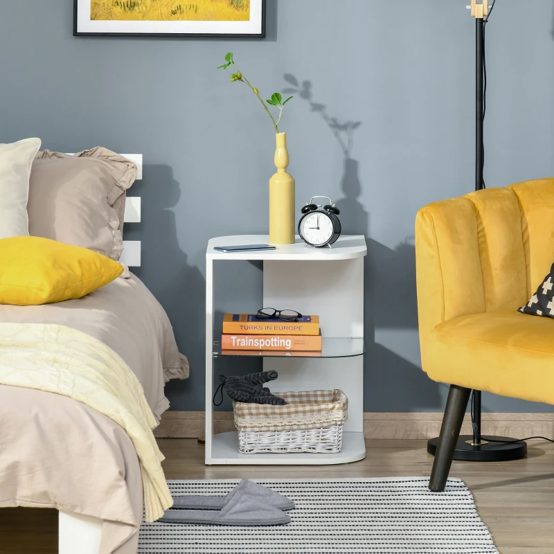 HOMCOM Comodino Moderno a 3 Livelli con Ripiano Regolabile, in Truciolato e Vetro Temperato, 40x40x56 cm, Bianco