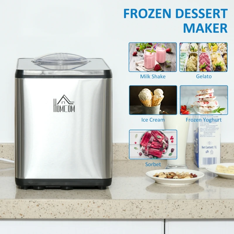 HOMCOM Ice Cream Maker Machine, 1.5L Stainless Steel Gelato, Sorbet, Milkshake, Frozen Yoghurt Maker with Detachable Mixing Paddle, Make Ice Cream in 40 Minutes