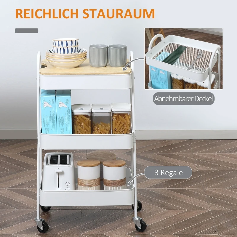 HOMCOM Kitchen Cart Metal Rolling Cart 3 Tiers Metal with Large Storage Space and Top for Kitchen and Office Storage Cart Serving Cart Kitchen Shelf with Wheels Steel White 45 x 31 x 79.4 cm