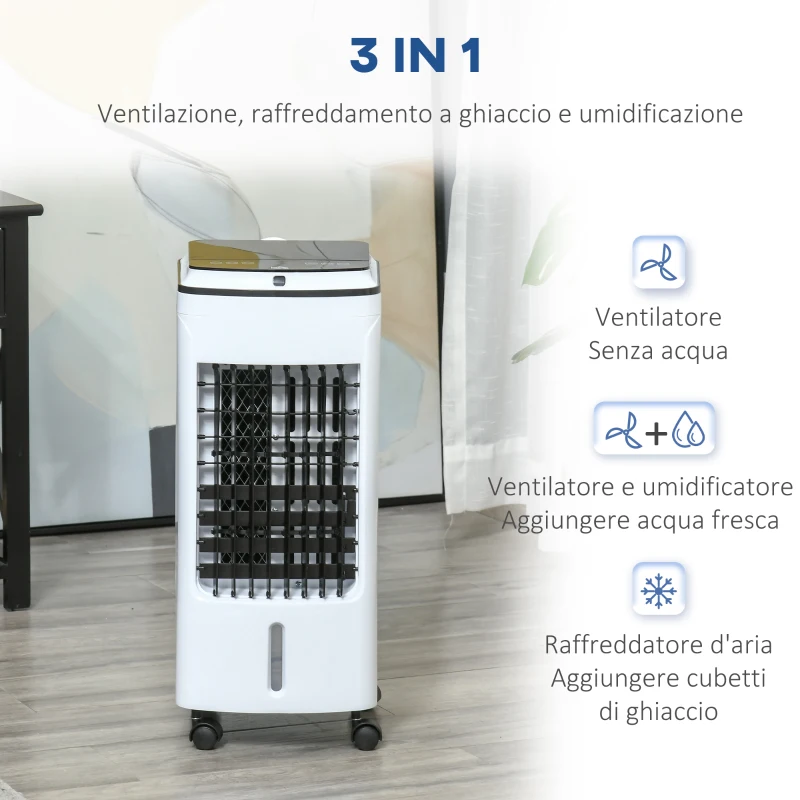 Racitor prin Evaporare HOMCOM 3 in 1, Ventilator cu Gheata si Umidificator, 3 Viteze, 3 Moduri, Telecomanda si Timer, 75 W Alb