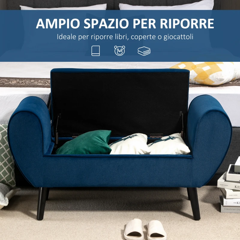 HOMCOM Banca Depozitare Capitonata pentru Dormitor si Hol, Banca Capatul patului din Tesatura Catifelata cu Cotiere, 118x42x66cm, Albastru inchis(m-4)