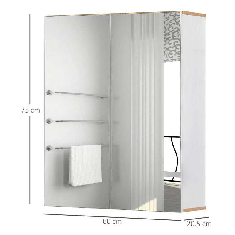 kleankin Bathroom Mirror Cabinet Wall Mounted Storage Cupboard with Double Door and Adjustable Shelves, White