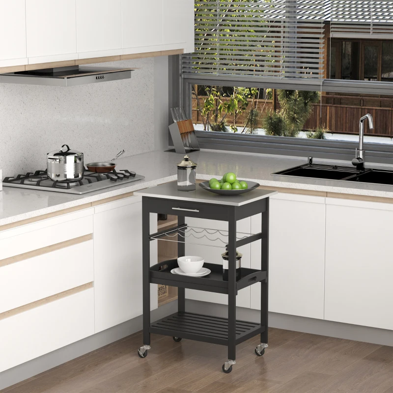 HOMCOM Pine 3-Tier Kitchen Cart Multifunction Rolling with Open Shelves Kitchen Island with Stainless Steel Top