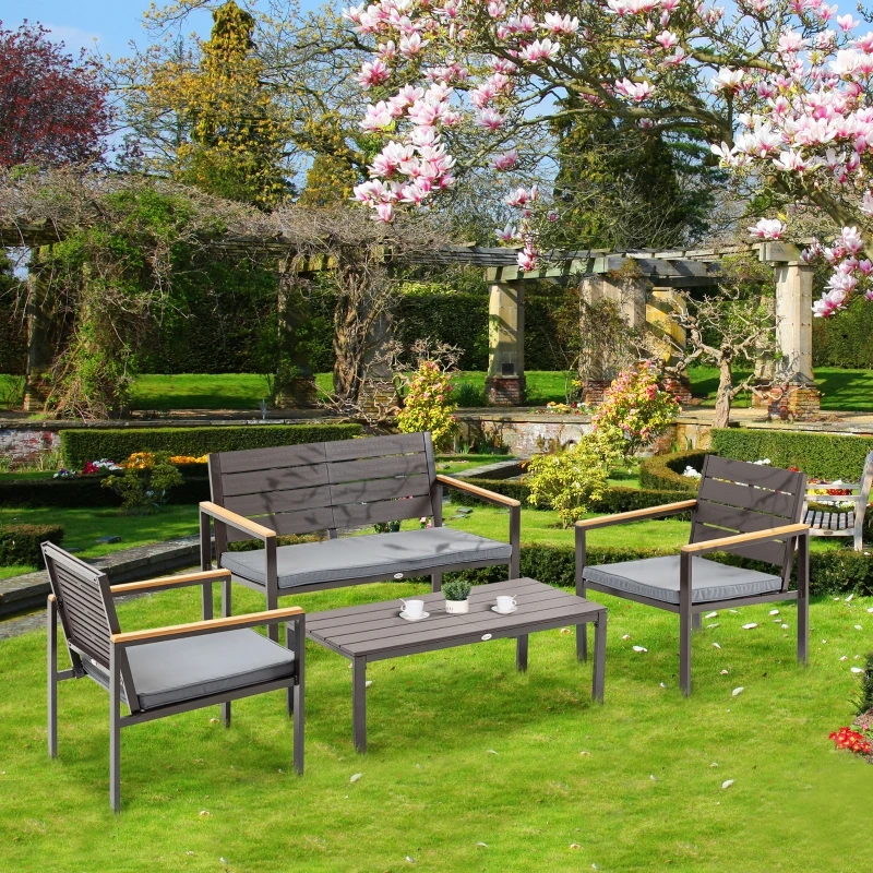 Salon de Gradina Outsunny Set 4 Piese cu 1 Canapea, 2 Fotolii si 1 Masuta, Mobilier de Gradina din Otel si Plastic, Maro