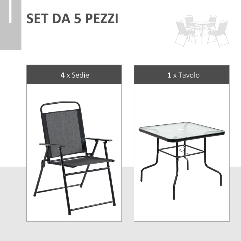 Outsunny Set Mobilier de Gradina 5 Piese din Metal, Salon de gradina cu 4 Scaune Pliabile si Masa cu orificiu pentru Umbrela, Negru