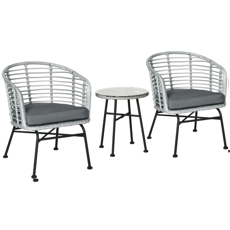 Outsunny Set Mobilier de Gradina 3 Piese din Ratan PE, Salon in Aer Liber cu 1 Masa si 2 Scaune  pentru Terasa si Bistrò, Gri