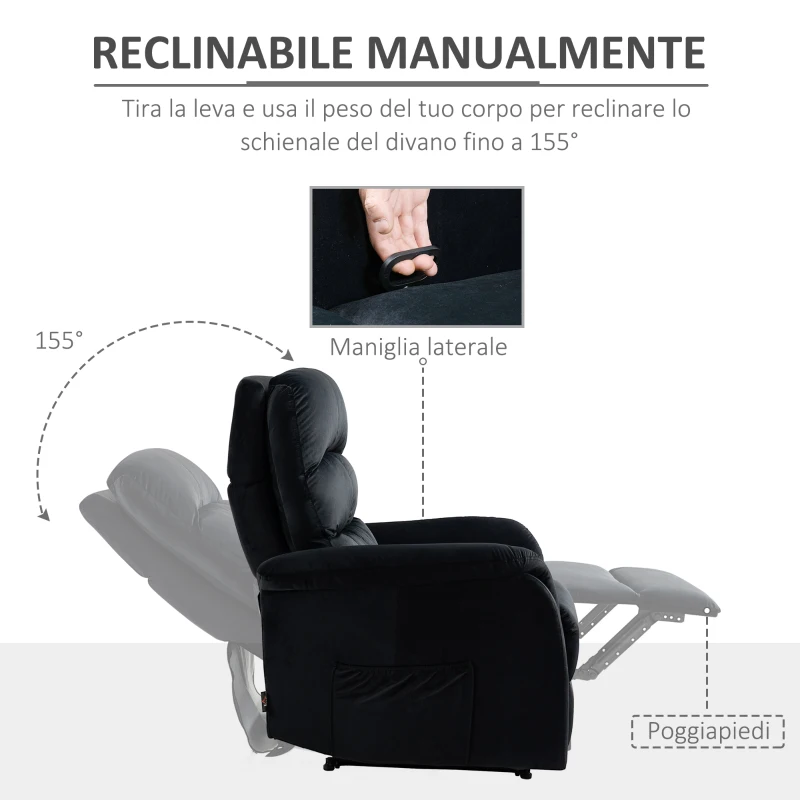 HOMCOM Fotoliu Recliner pana la 155 ° cu Tetiera si Suport pentru picioare, Fotoliu Relax din Tesatura Catifelata si Otel cu Buzunar Lateral, Negru