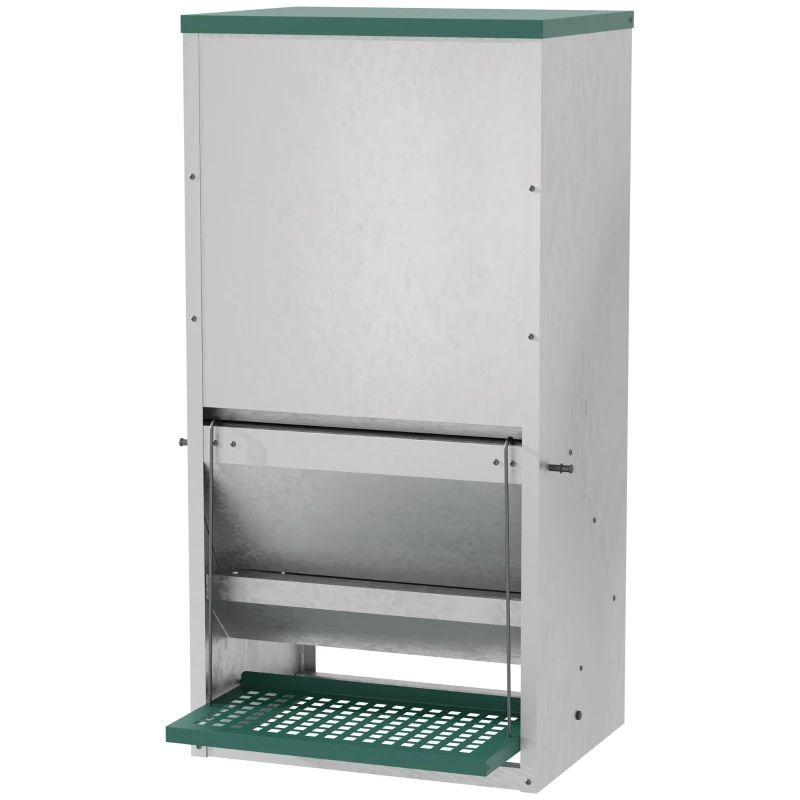 PawHut Hranitoare pentru Gaini de 13,5 litri pentru 3 Pui, Rezistenta la Ploaie, cu Capac Automat si Pedala, 33,5x38,5x66cm, Argintie șsi Verde