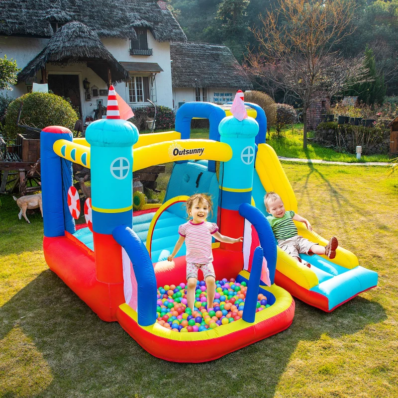 Outsunny Castel Gonflabil 4 in 1 pentru Copii de la 3 la 8 ani cu Tobogan, Trambulina, Piscina si Pompa inclusa, 265x260x200cm