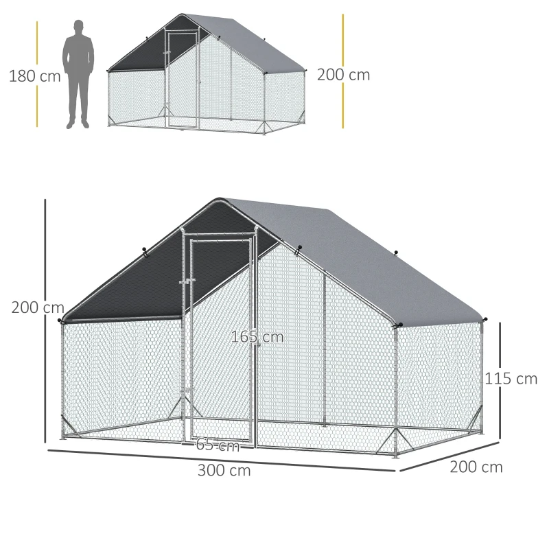 Cotet de gaini in aer liber PawHut cu Cadru Zincat si Plasa Hexagonala, Tarc cu Acoperis din Material Impermeabil pentru Gaini, Rate si Iepuri, 3x2x2m(m-3)