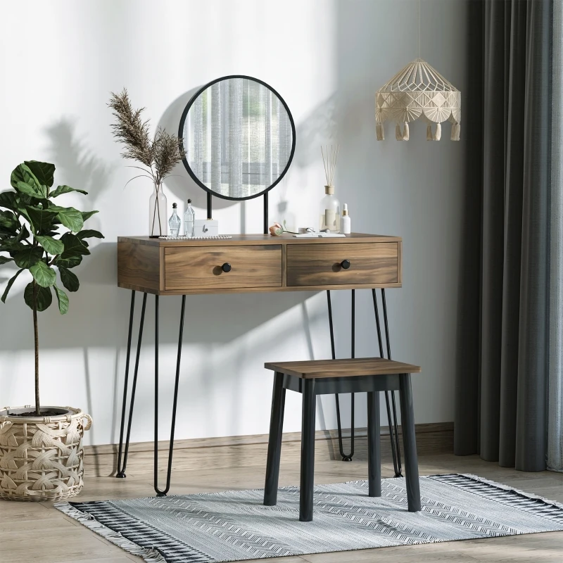 HOMCOM Masa de Machiaj in Stil Industrial, Set Masa de Toaleta cu Taburet si Oglinda de Machiaj, Postatie de Machiaj din Lemn si Metal pentru cameră