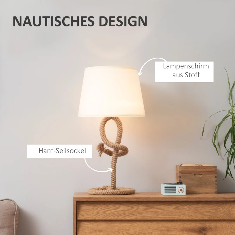 Lampa stołowa HOMCOM z podstawą sznurkową żarówka LED E27 lampa na stół lampka nocna tkanina terylenowa metal sznurek kolor beżowy + brązowy Ø32 x 63 cm