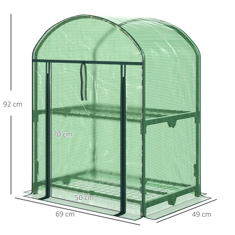 Outsunny Mini Seră de Grădină cu 2 Rafturi Metalice și Acoperiș PE, Seră Compactă pentru Balcon și Terasă, 69x49x91 cm, Verde