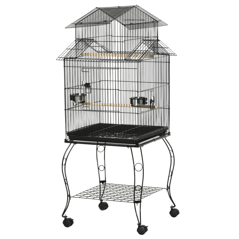 PawHut Colivie pentru Pasari pentru Interior din Otel si Lemn cu Tava Detasabila. 4 Roti, Recipient pentru Aliemnte, 51,5x50x140cm, Neagra