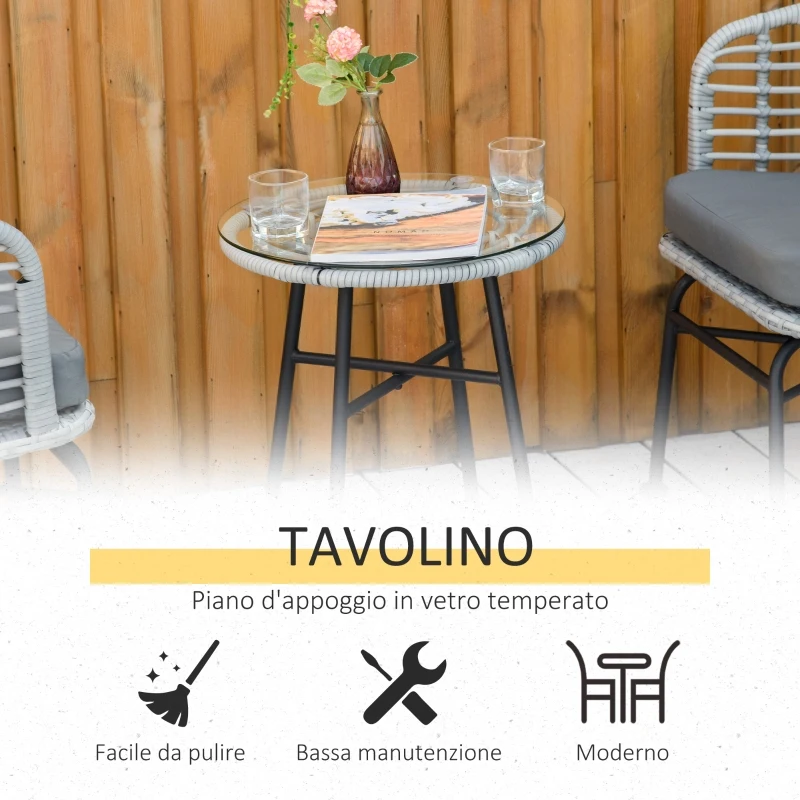 Outsunny Set Mobilier de Gradina 3 Piese din Ratan PE, Salon in Aer Liber cu 1 Masa si 2 Scaune  pentru Terasa si Bistrò, Gri