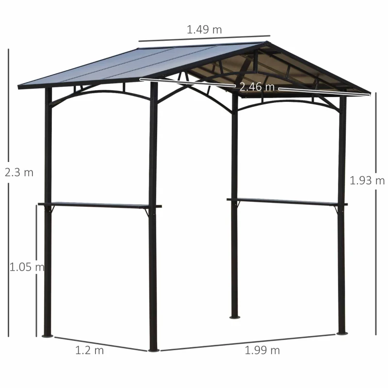 Outsunny Foișor de Grădină cu Acoperiș din PC și Rafturi Laterale, Structură din Aluminiu și Metal, 246x149x230 cm, Negru(m-3)