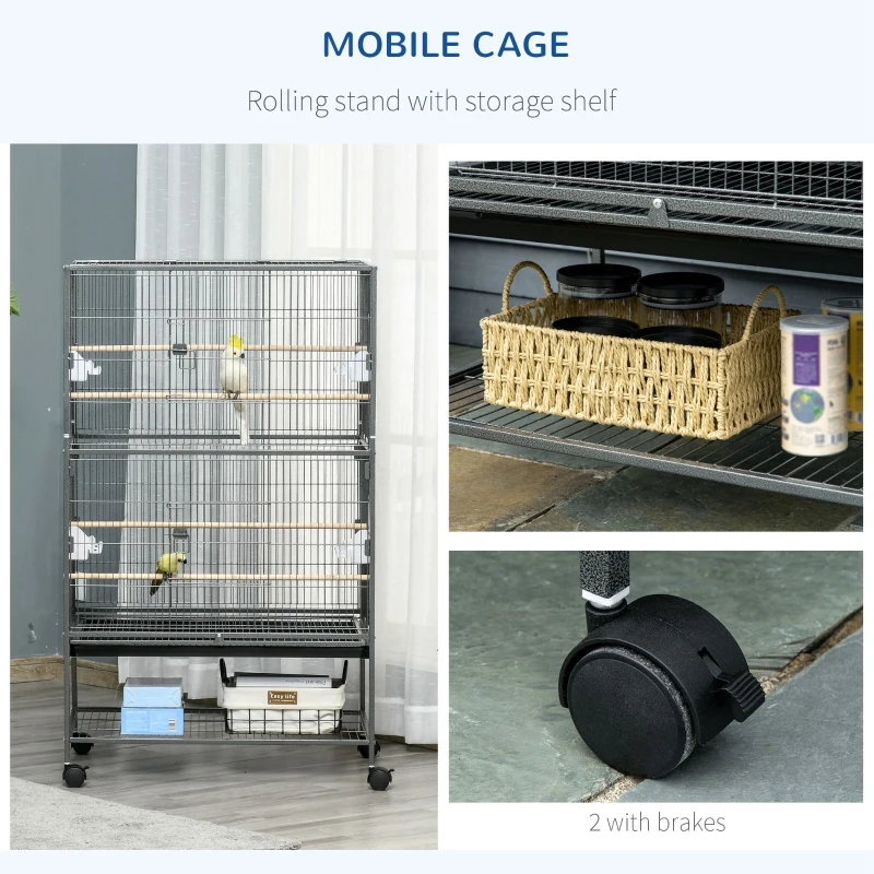 PawHut Cusca pentru Pasari de Interior din Otel si Lemn cu Tavă Detasabila, 4 Roți, Trepied si Recipient pentru Alimente, 78x52x132cm, Gri Inchis