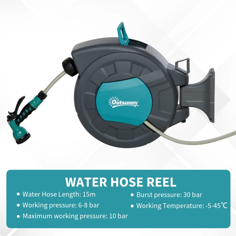 Outsunny Retractable Garden Water Hose Reel 49.2 ft Wall Mounted Auto Rewind and Slow Return System Any Length Lock