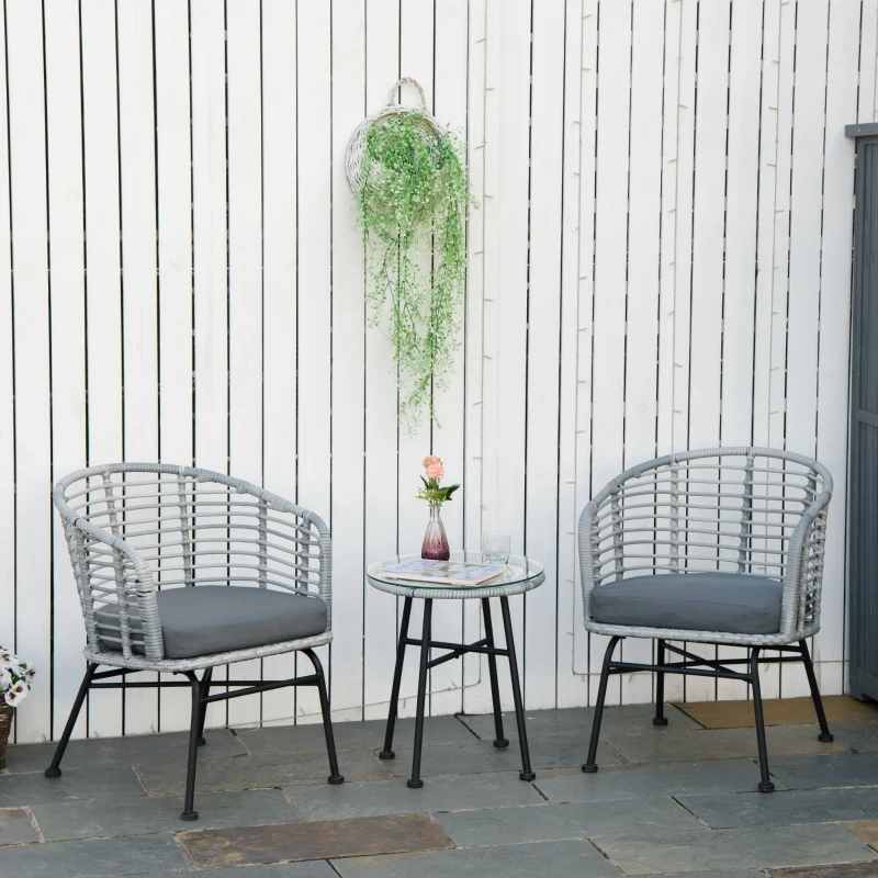 Outsunny Set Mobilier de Gradina 3 Piese din Ratan PE, Salon in Aer Liber cu 1 Masa si 2 Scaune  pentru Terasa si Bistrò, Gri