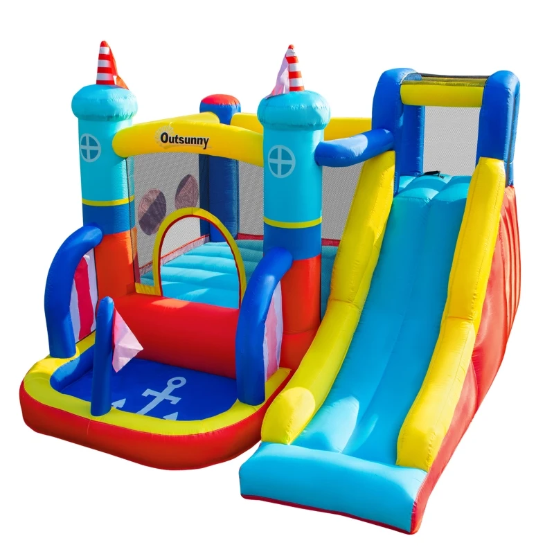 Outsunny Castel Gonflabil 4 in 1 pentru Copii de la 3 la 8 ani cu Tobogan, Trambulina, Piscina si Pompa inclusa, 265x260x200cm